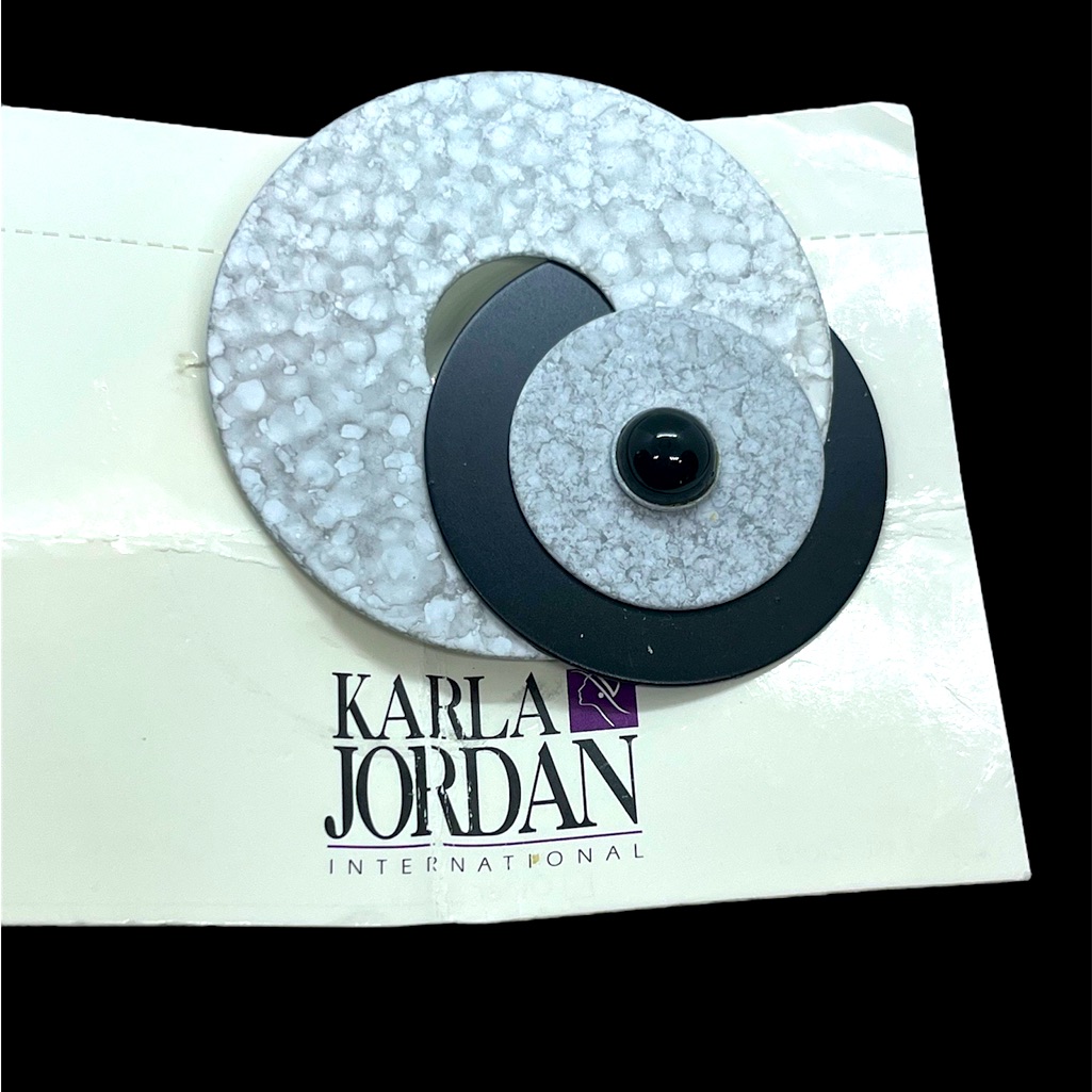 Karla Jordan International Black & White Enamel Onyx Modernist Brooch Pin